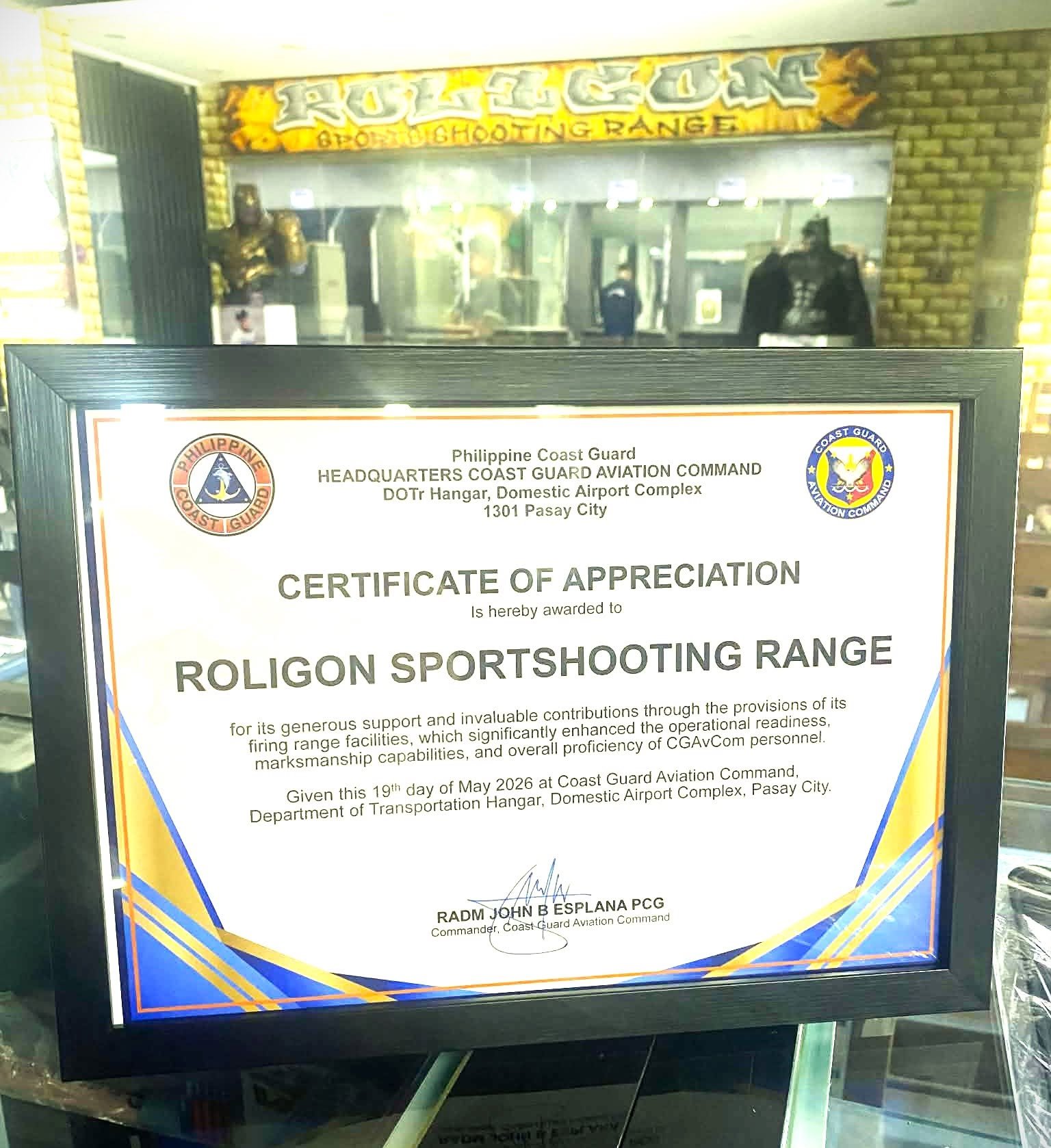 Certificate of appreciation awarded to Roligon Sports