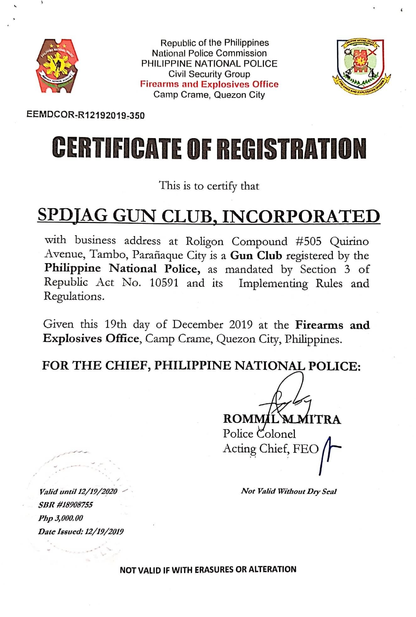 Recognition certificate displayed at Roligon Sports